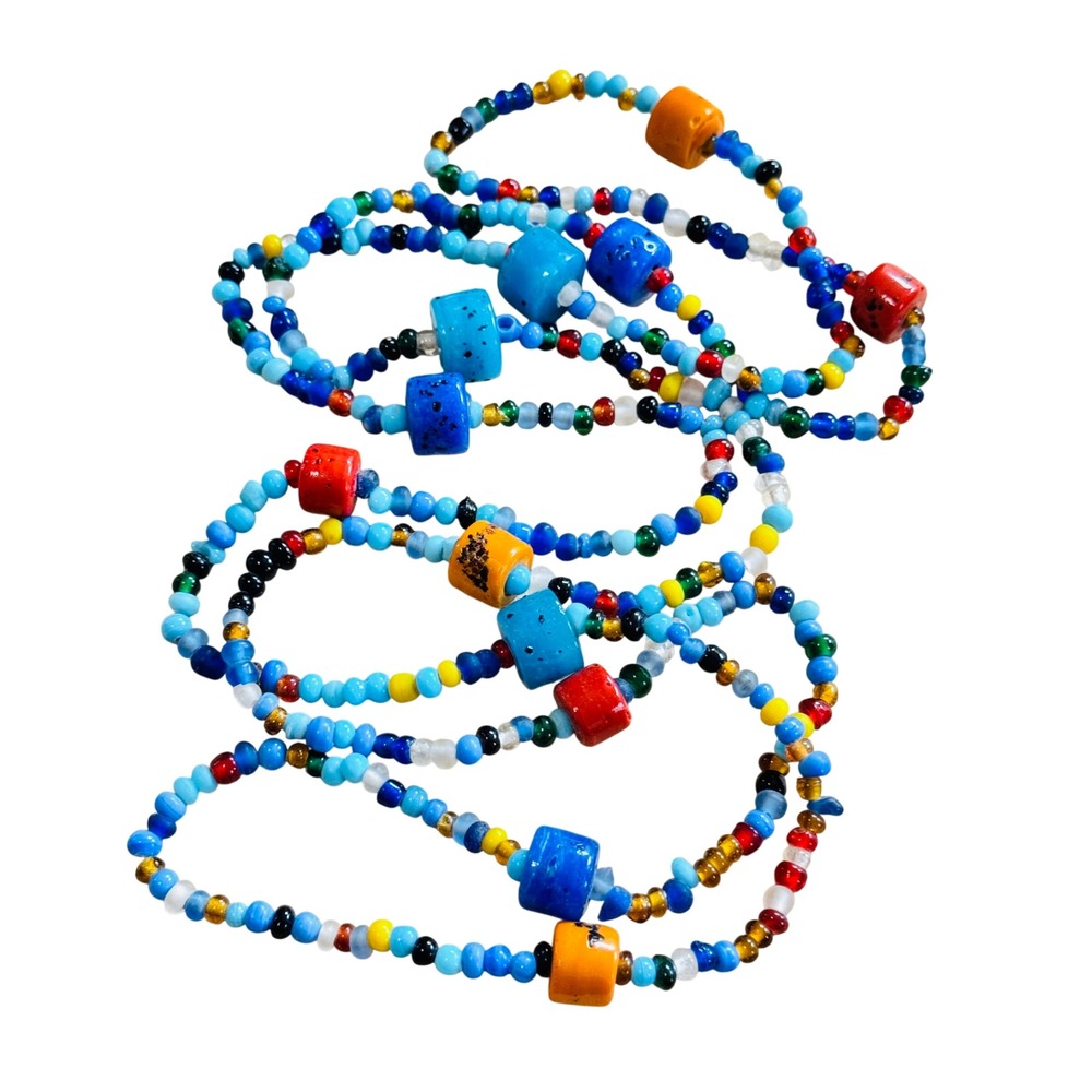 VTG Long Necklace Colorful Murano Blue Glass Beaded End of Day Flapper Victorian